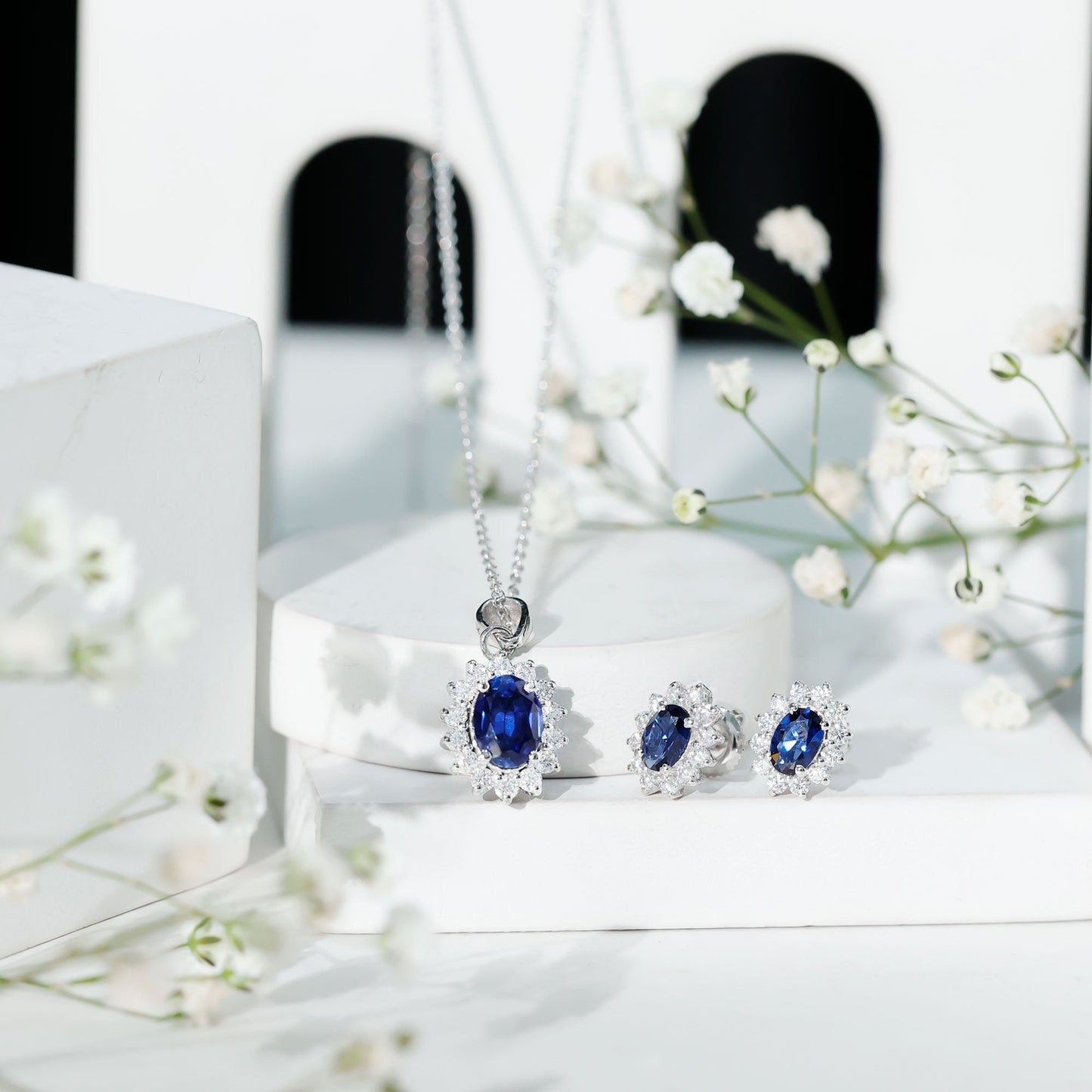 Princess Diana Inspired Lab Grown Blue Sapphire Necklace Earrings Set in Silver