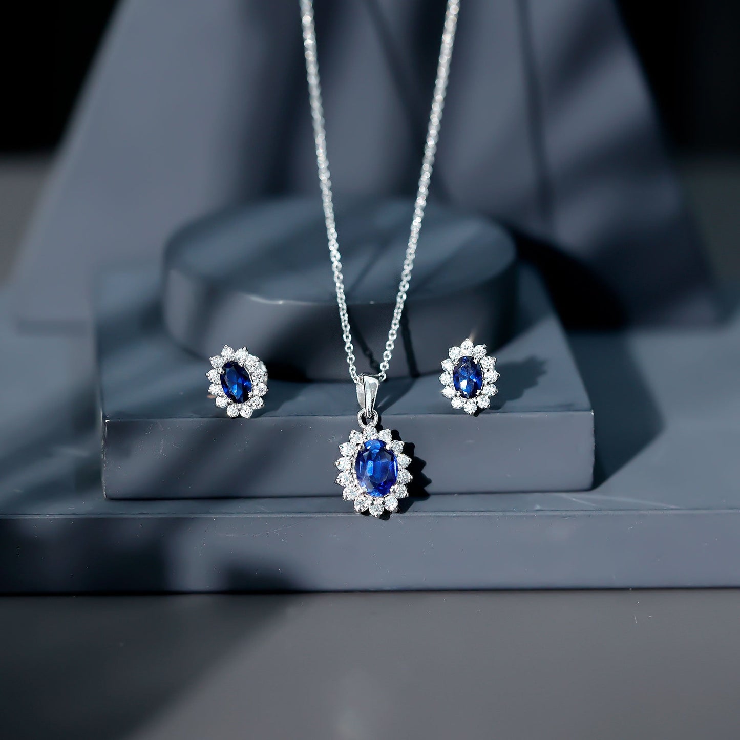 Princess Diana Inspired Lab Grown Blue Sapphire Necklace Earrings Set in Silver