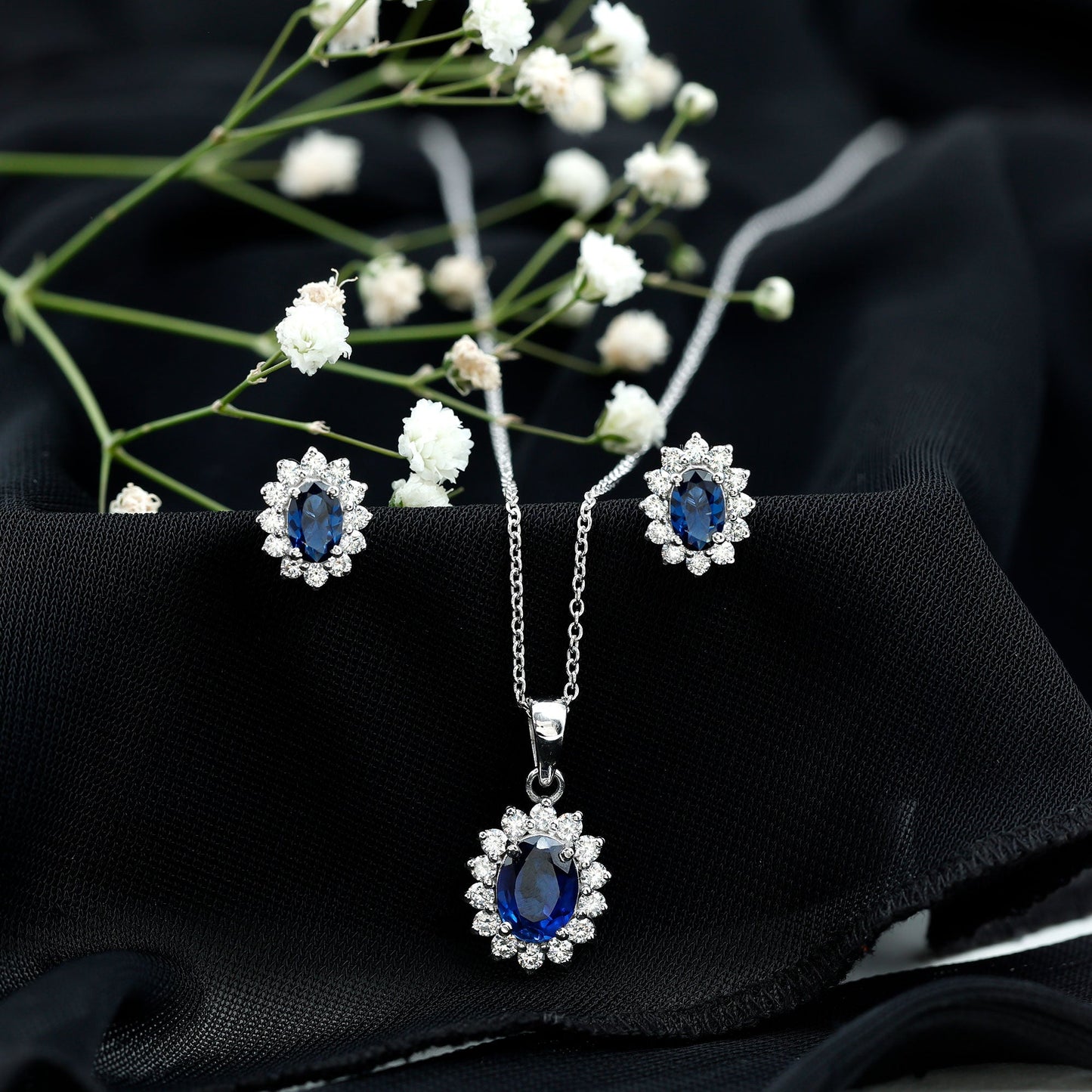 Princess Diana Inspired Lab Grown Blue Sapphire Necklace Earrings Set in Silver