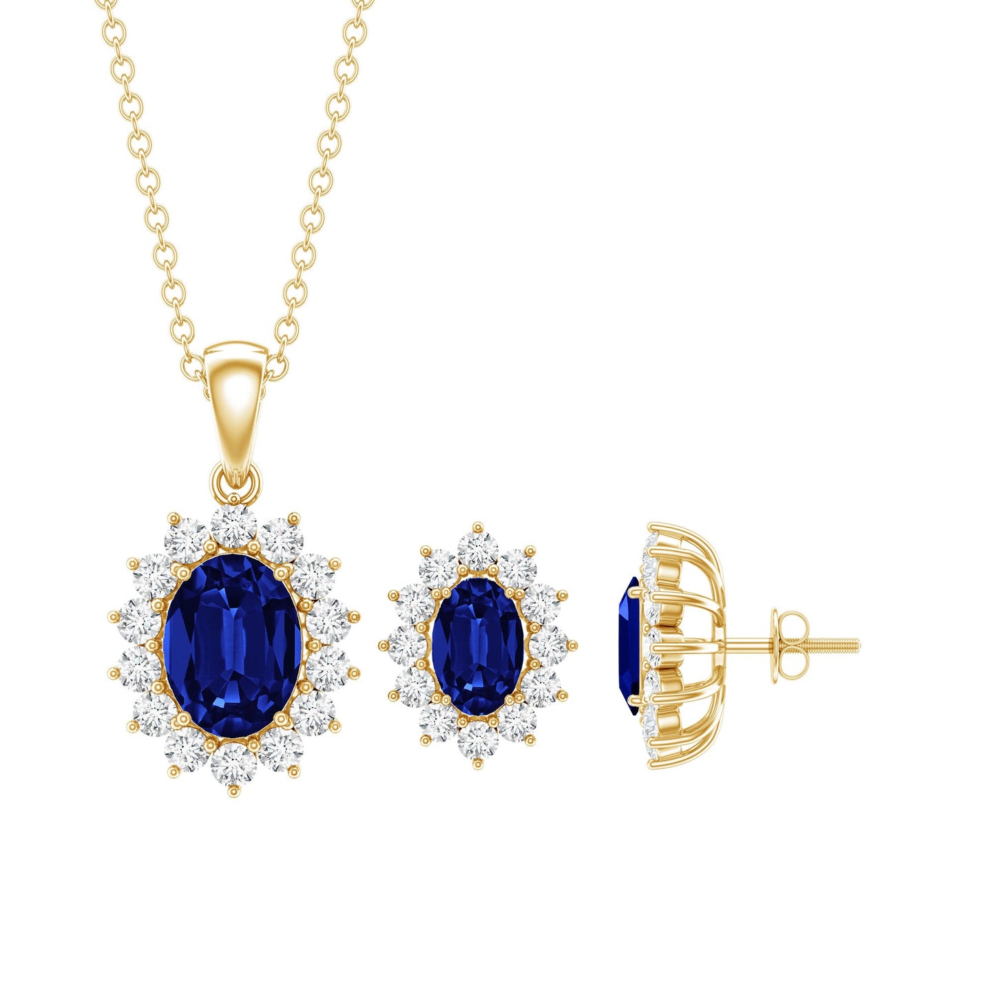 Oval Shaped Lab Created Blue Sapphire Necklace and Earrings Set with Moissanite Halo