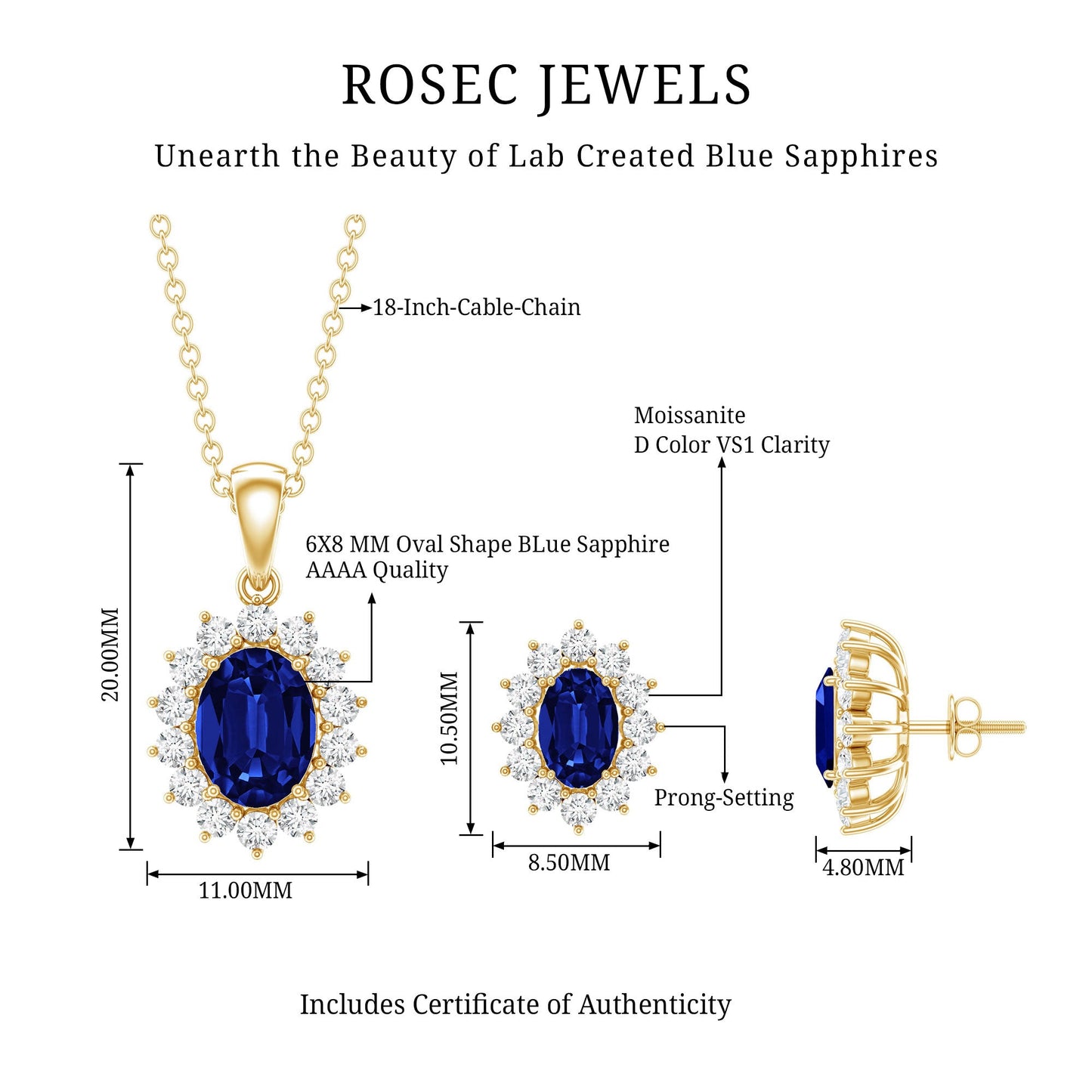 Oval Shaped Lab Created Blue Sapphire Necklace and Earrings Set with Moissanite Halo