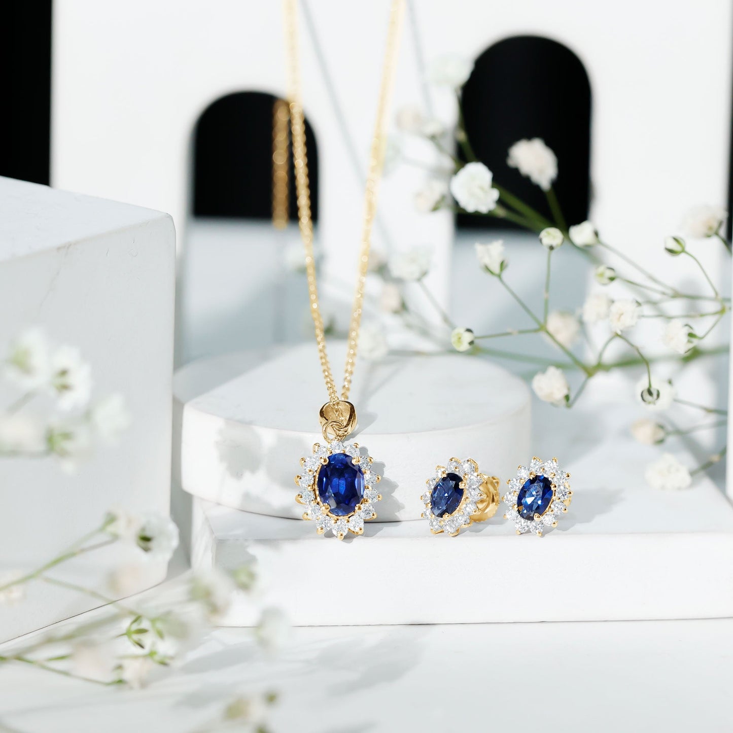 Oval Shaped Lab Created Blue Sapphire Necklace and Earrings Set with Moissanite Halo