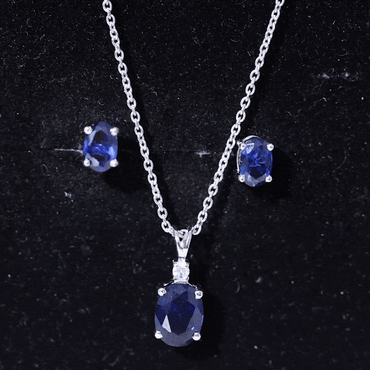Sterling Silver Lab Grown Blue Sapphire Bridal Necklace and Earrings Set