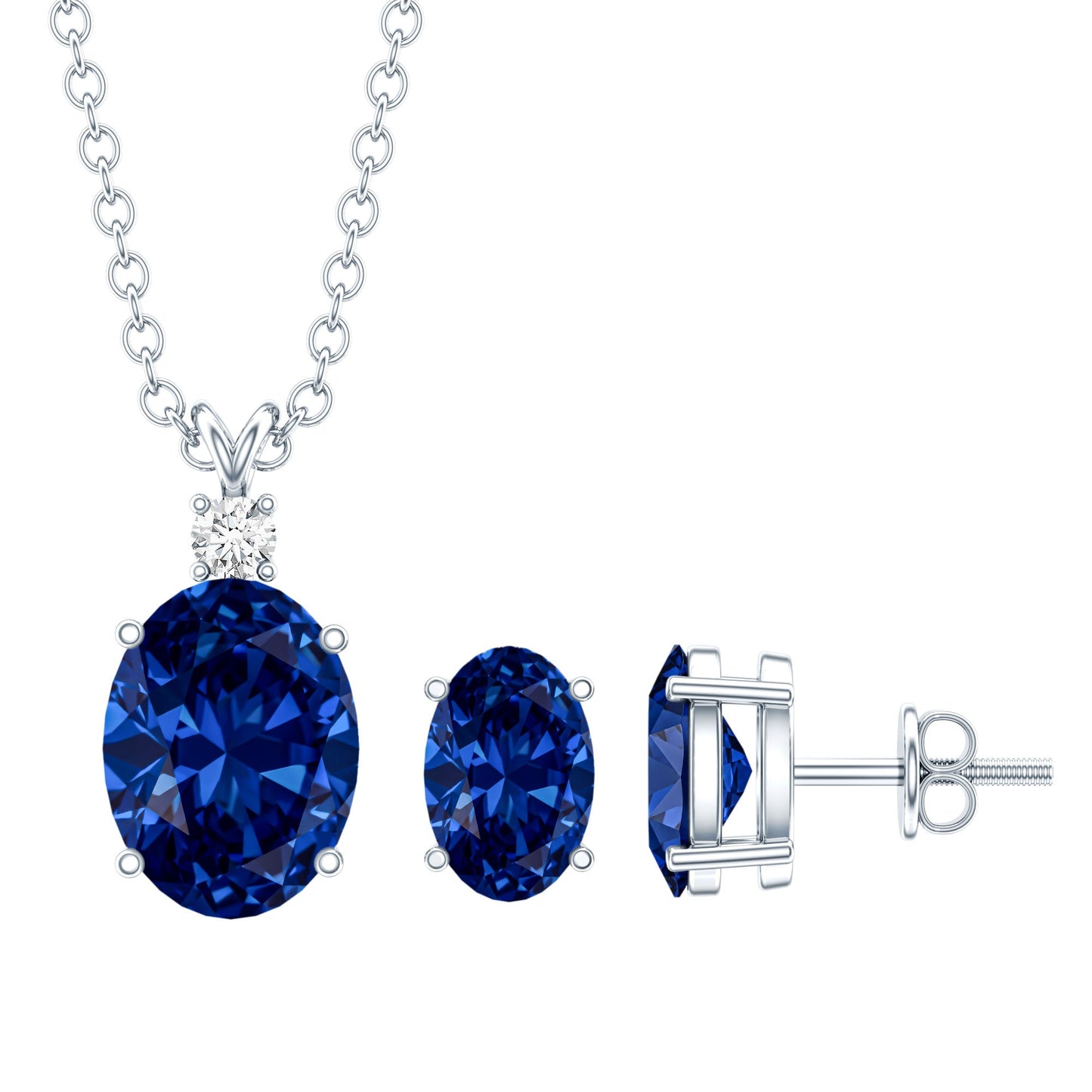 Sterling Silver Lab Grown Blue Sapphire Bridal Necklace and Earrings Set