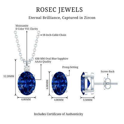 Lab Grown Blue Sapphire Solitaire Jewelry Set with Moissanite