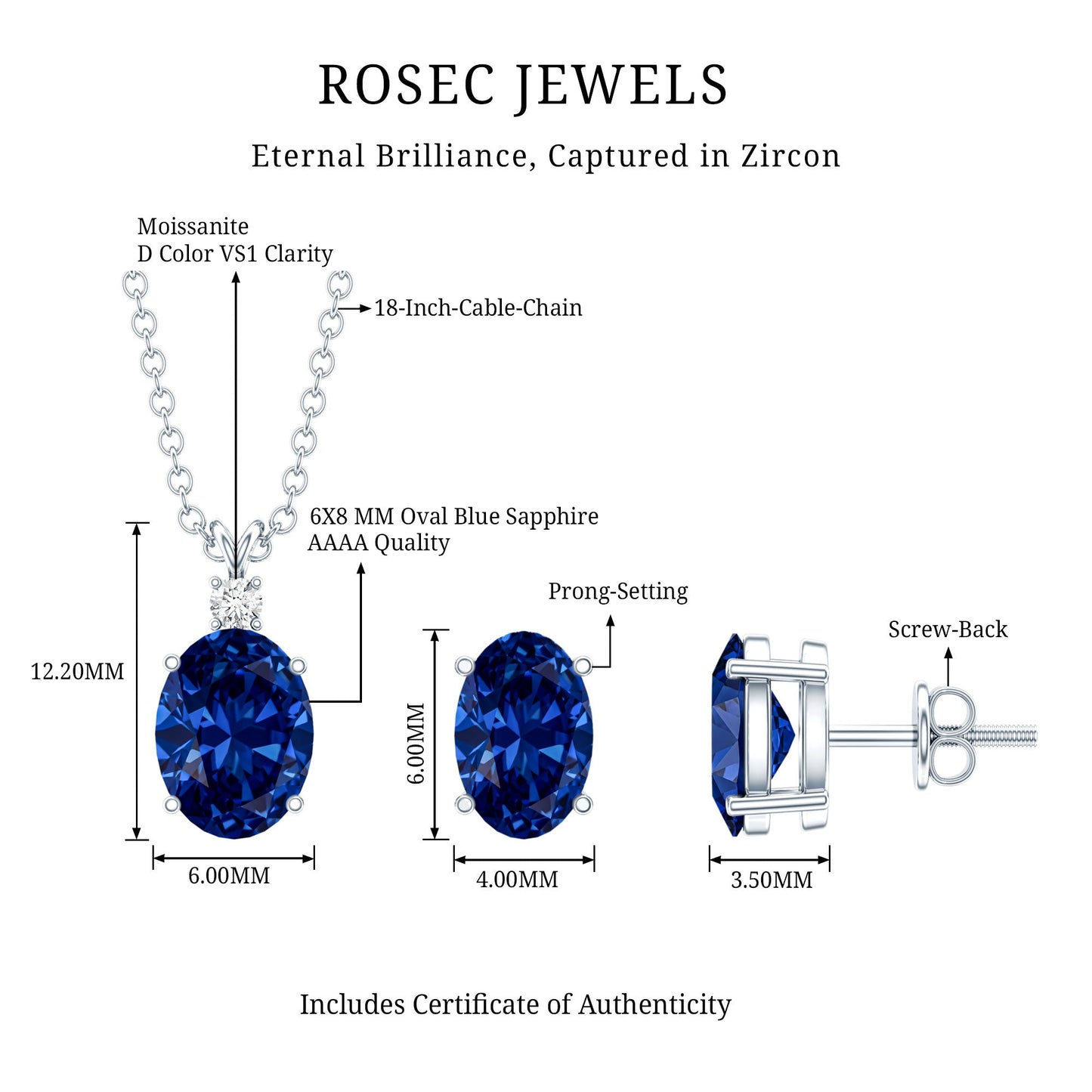 Sterling Silver Lab Grown Blue Sapphire Bridal Necklace and Earrings Set