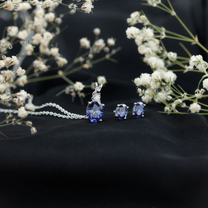 Lab Grown Blue Sapphire Solitaire Jewelry Set with Moissanite