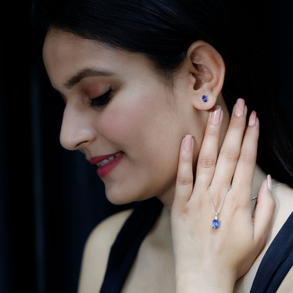Lab Grown Blue Sapphire Solitaire Jewelry Set with Moissanite