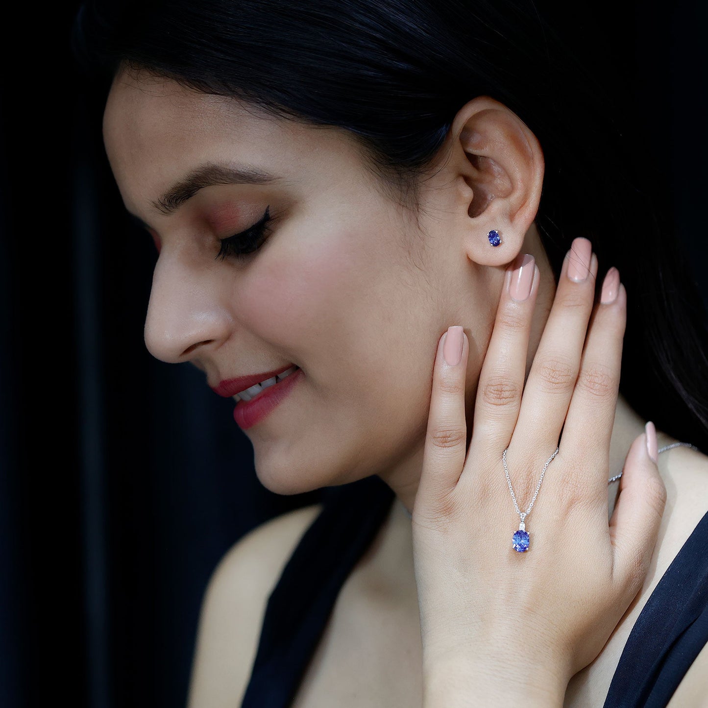 Sterling Silver Lab Grown Blue Sapphire Bridal Necklace and Earrings Set