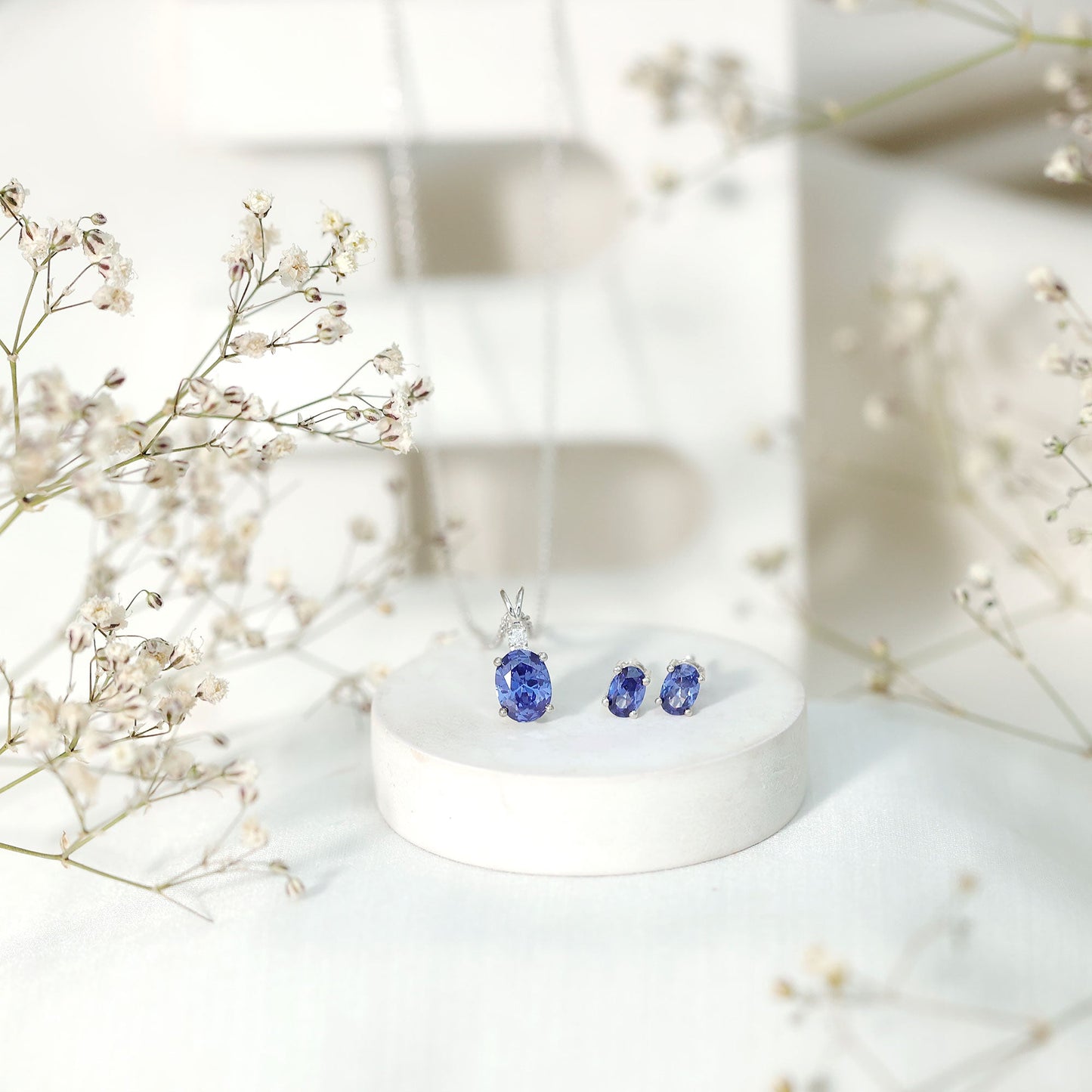 Sterling Silver Lab Grown Blue Sapphire Bridal Necklace and Earrings Set