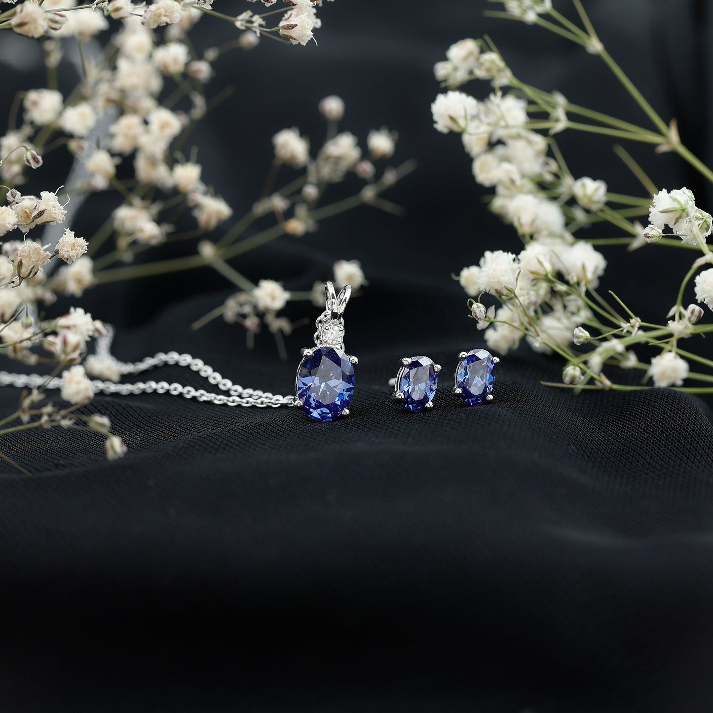 Sterling Silver Lab Grown Blue Sapphire Bridal Necklace and Earrings Set