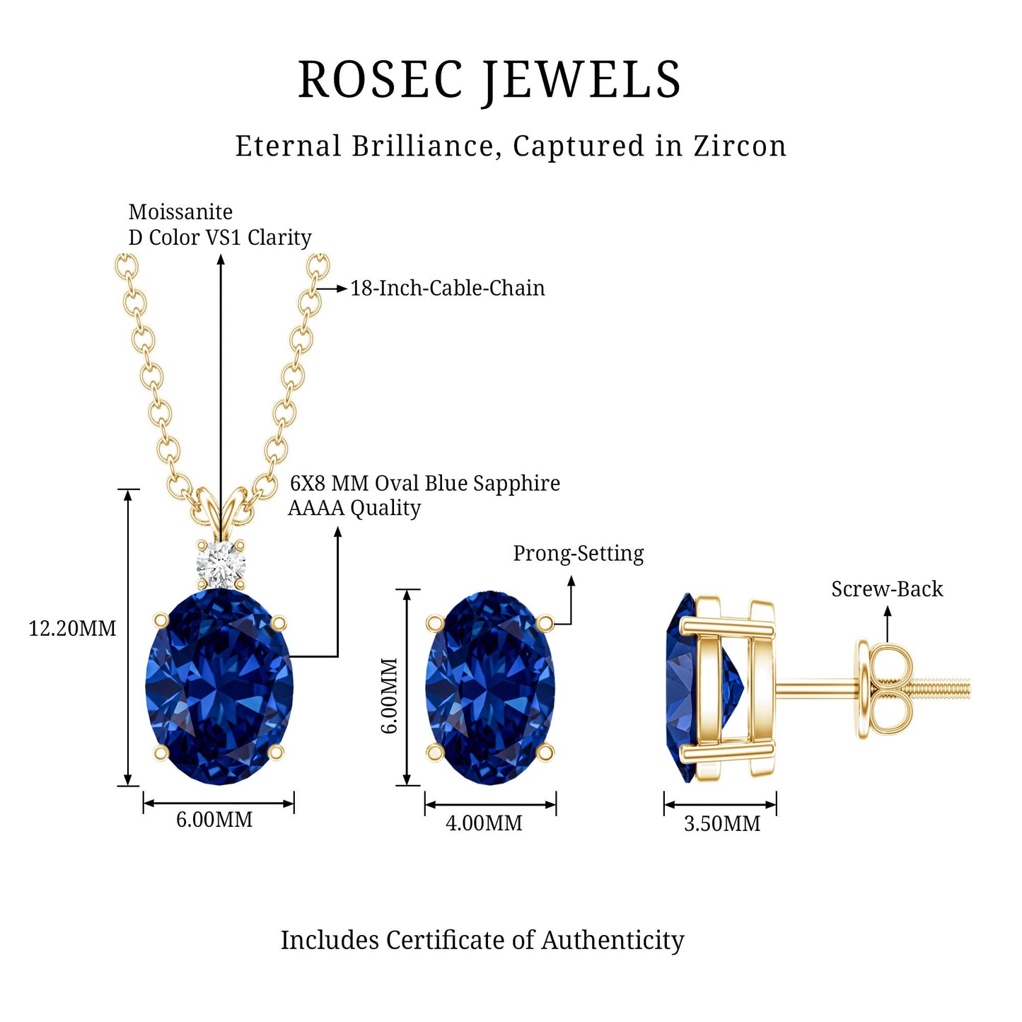 Lab Grown Blue Sapphire Solitaire Jewelry Set with Moissanite