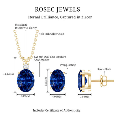 Lab Grown Blue Sapphire Solitaire Jewelry Set with Moissanite