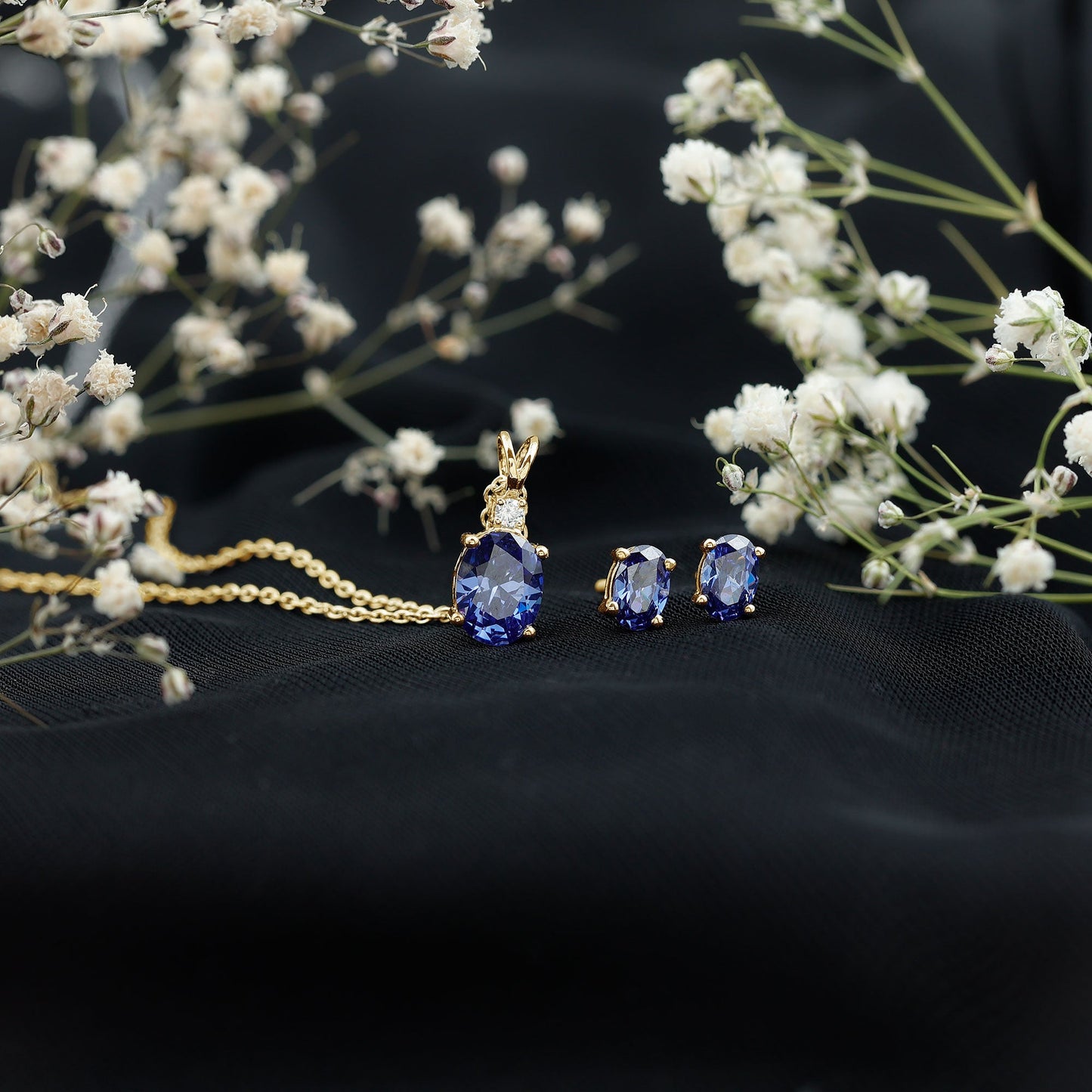 Lab Grown Blue Sapphire Solitaire Jewelry Set with Moissanite