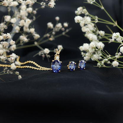 Lab Grown Blue Sapphire Solitaire Jewelry Set with Moissanite