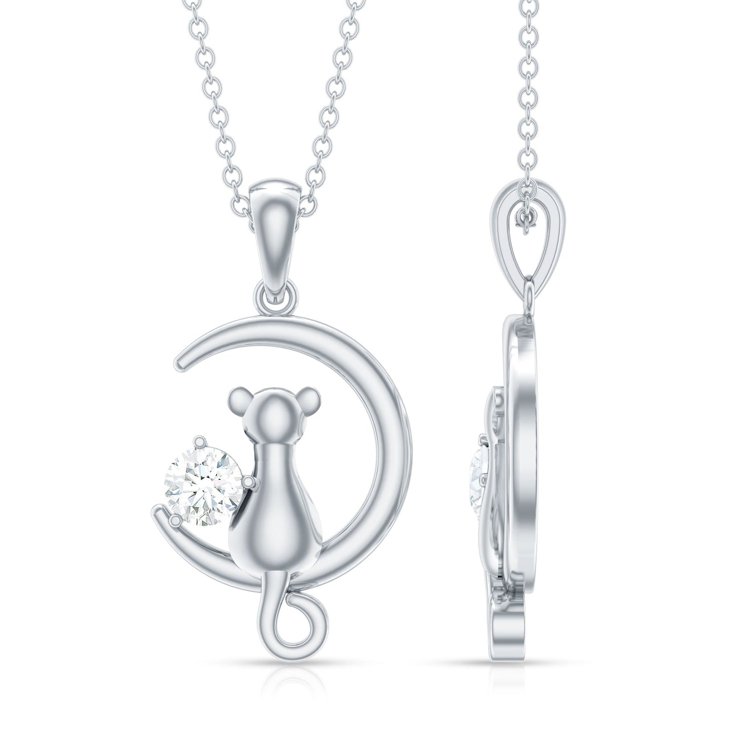 Certified Diamond Cat on Moon Necklace