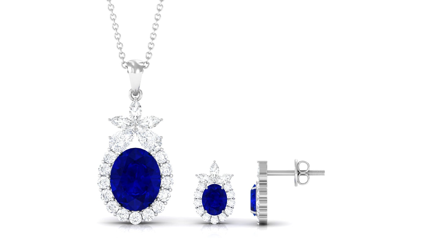 Lab Created Blue Sapphire Floral Jewelry Set with Moissanite