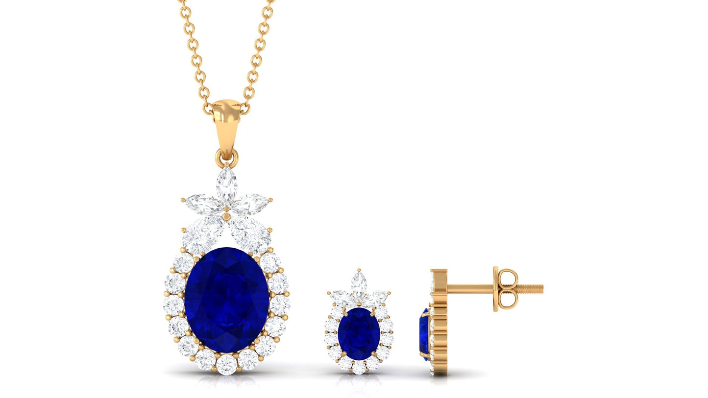 Lab Created Blue Sapphire Floral Jewelry Set with Moissanite