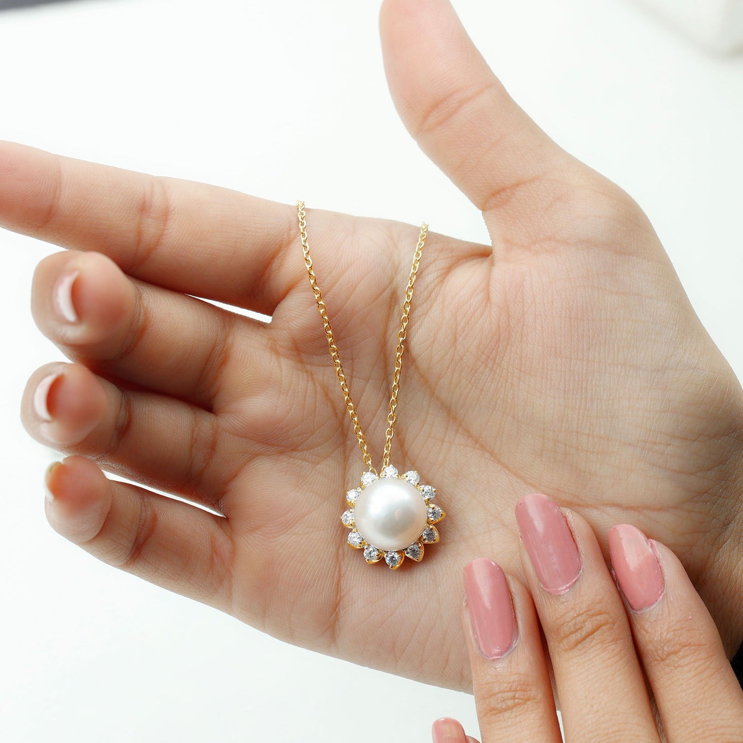 Freshwater Pearl and Moissanite Flower Chain Necklace