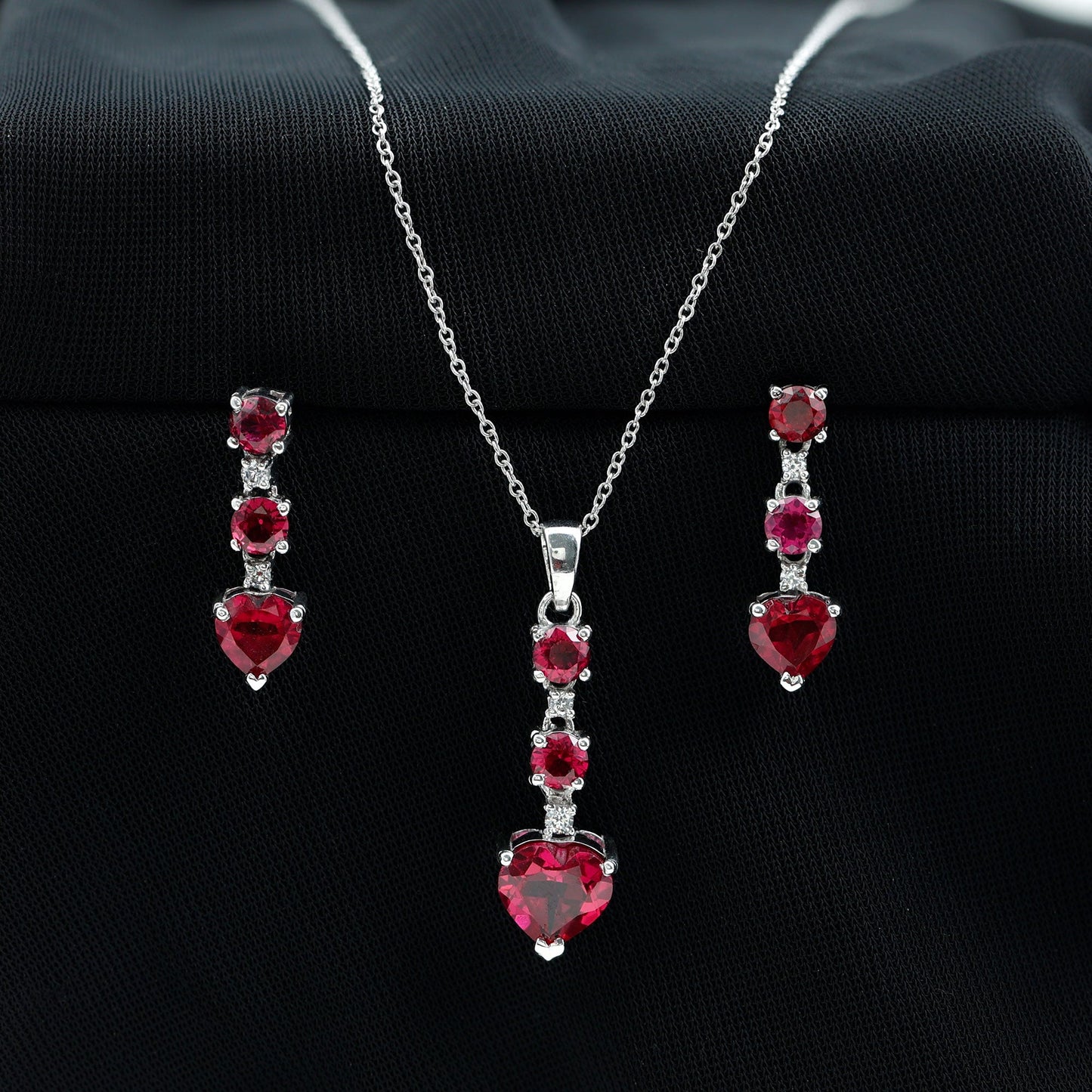 Certified Lab Grown Ruby Heart Necklace and Earrings Set With Diamond