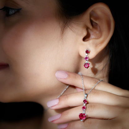 Certified Lab Grown Ruby Heart Necklace and Earrings Set With Diamond