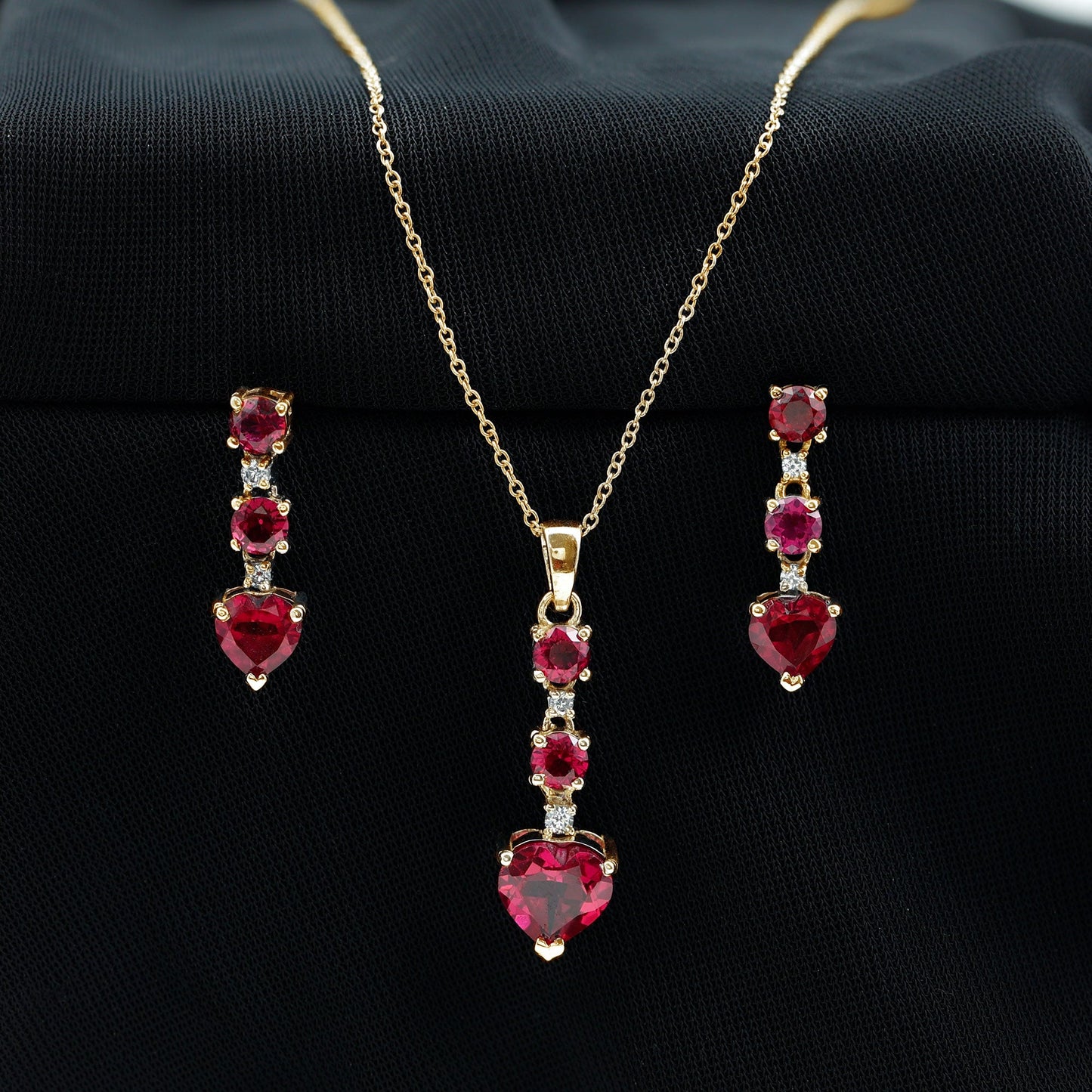 Certified Lab Grown Ruby Heart Necklace and Earrings Set With Diamond