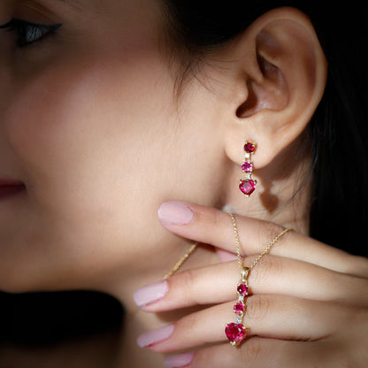 Certified Lab Grown Ruby Heart Necklace and Earrings Set With Diamond