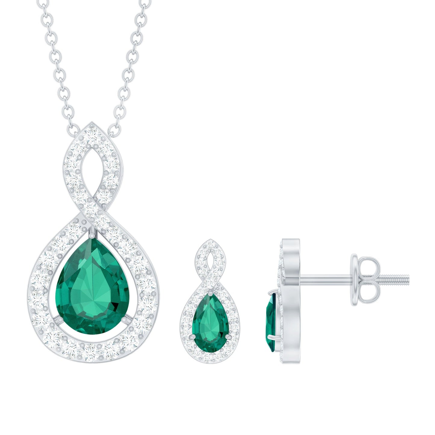 Pear Shaped Lab Created Emerald and Diamond Infinity Jewelry Set
