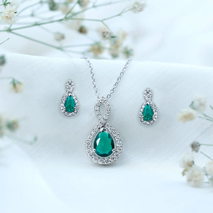 Pear Shaped Lab Created Emerald and Diamond Infinity Jewelry Set