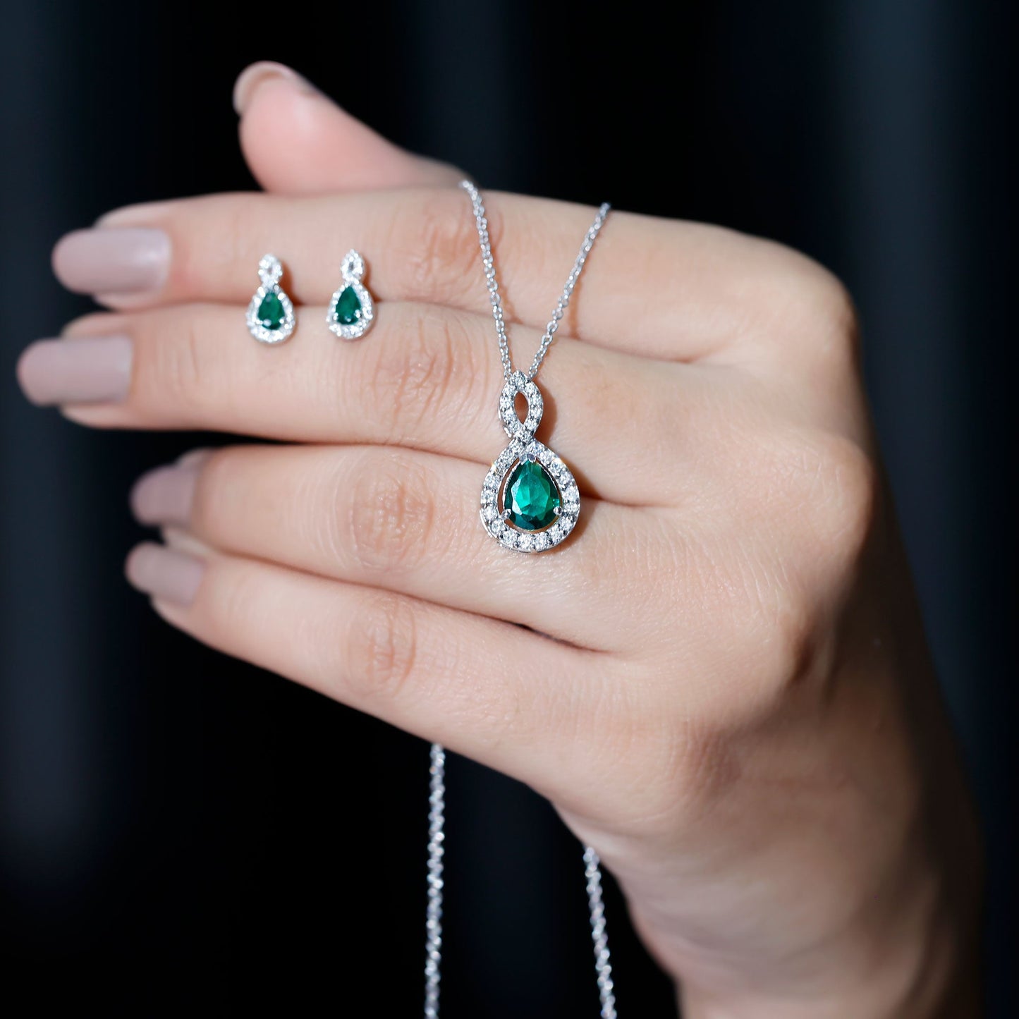 Pear Shaped Lab Created Emerald and Diamond Infinity Jewelry Set