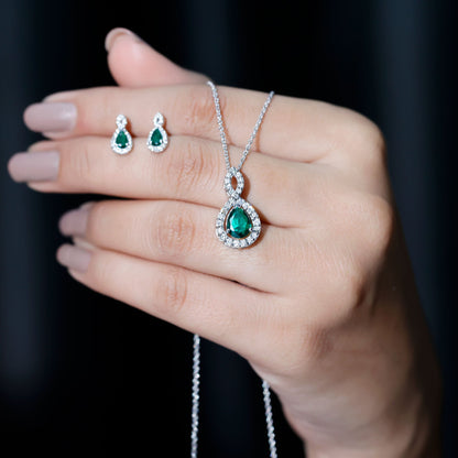 Pear Shaped Lab Created Emerald and Diamond Infinity Jewelry Set