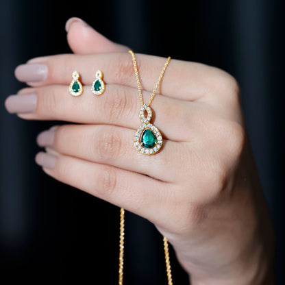Pear Shaped Lab Created Emerald and Diamond Infinity Jewelry Set
