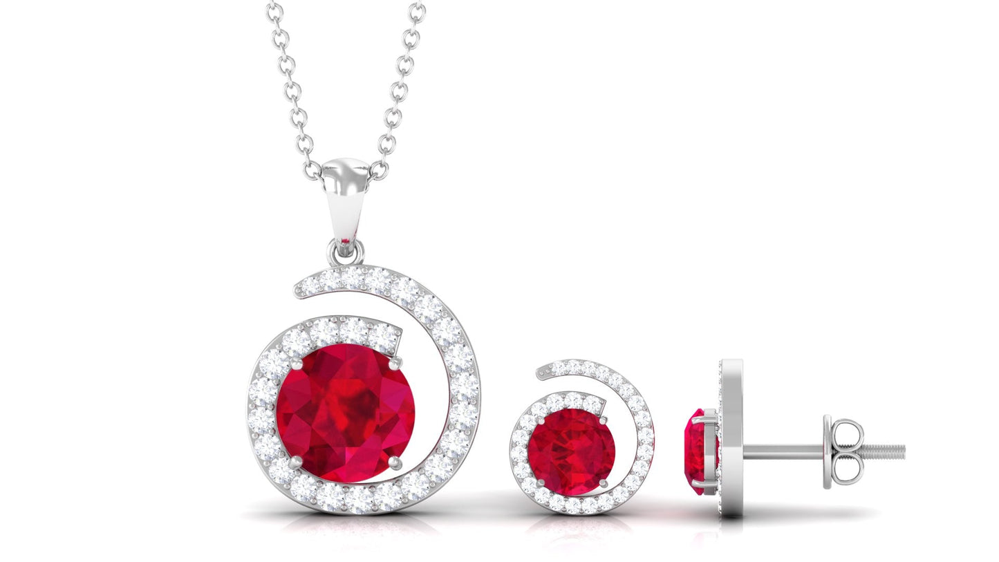 Lab Created Ruby and Moissanite Swirl Pendant and Earrings Set