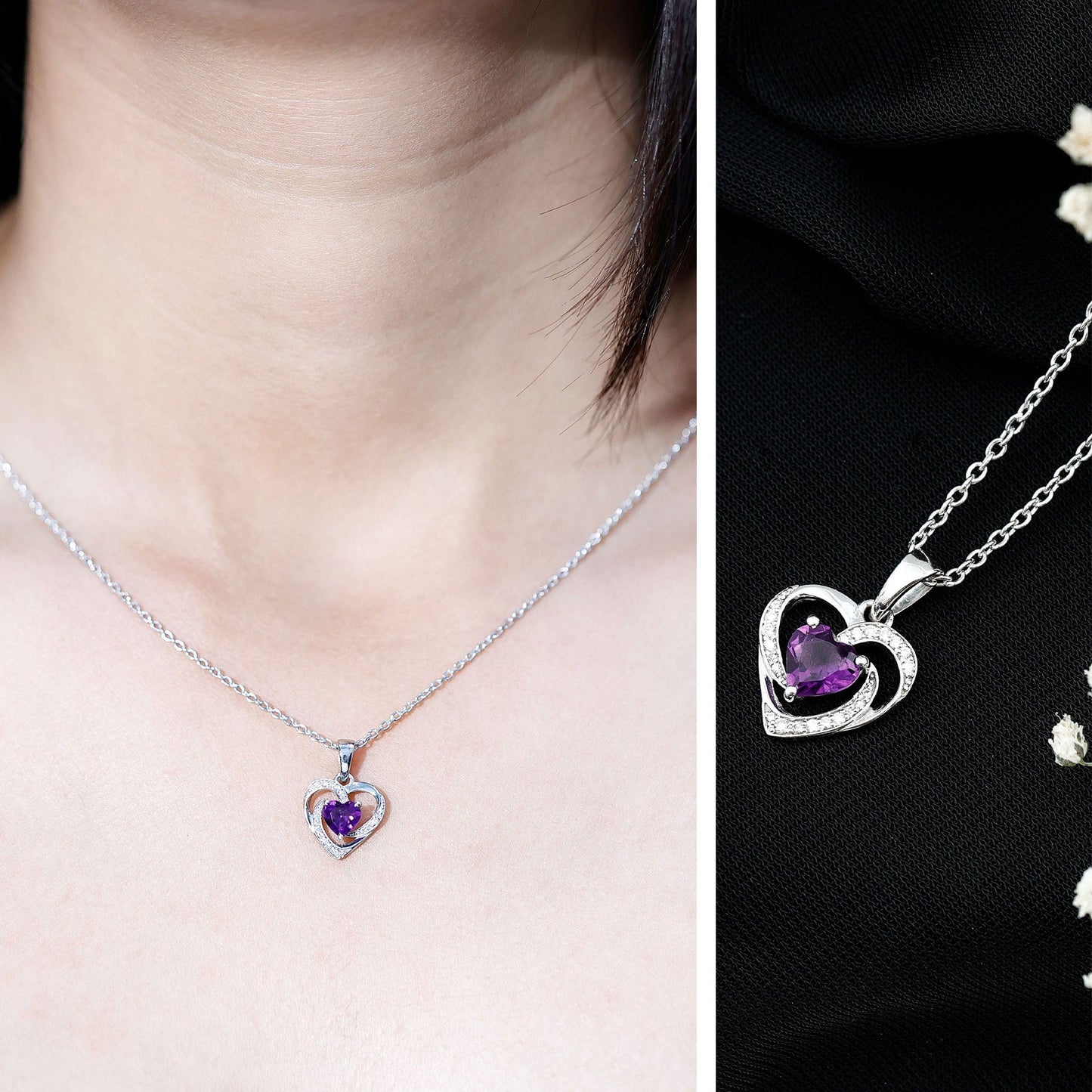 0.9 Carat Amethyst Heart Pendant Necklace with Diamond