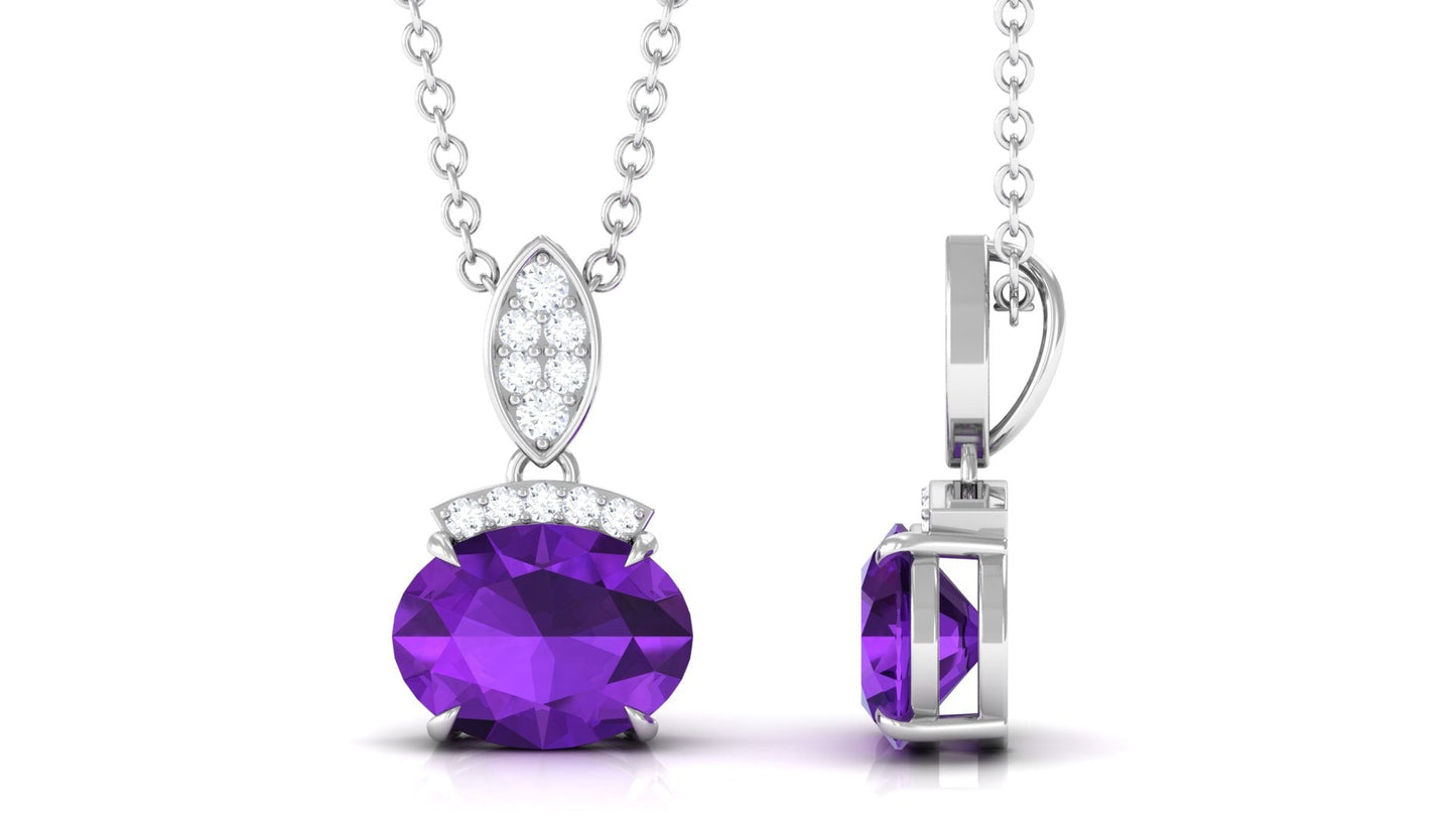 Real 1 Carat Oval Amethyst Diamond Necklace in East West Style