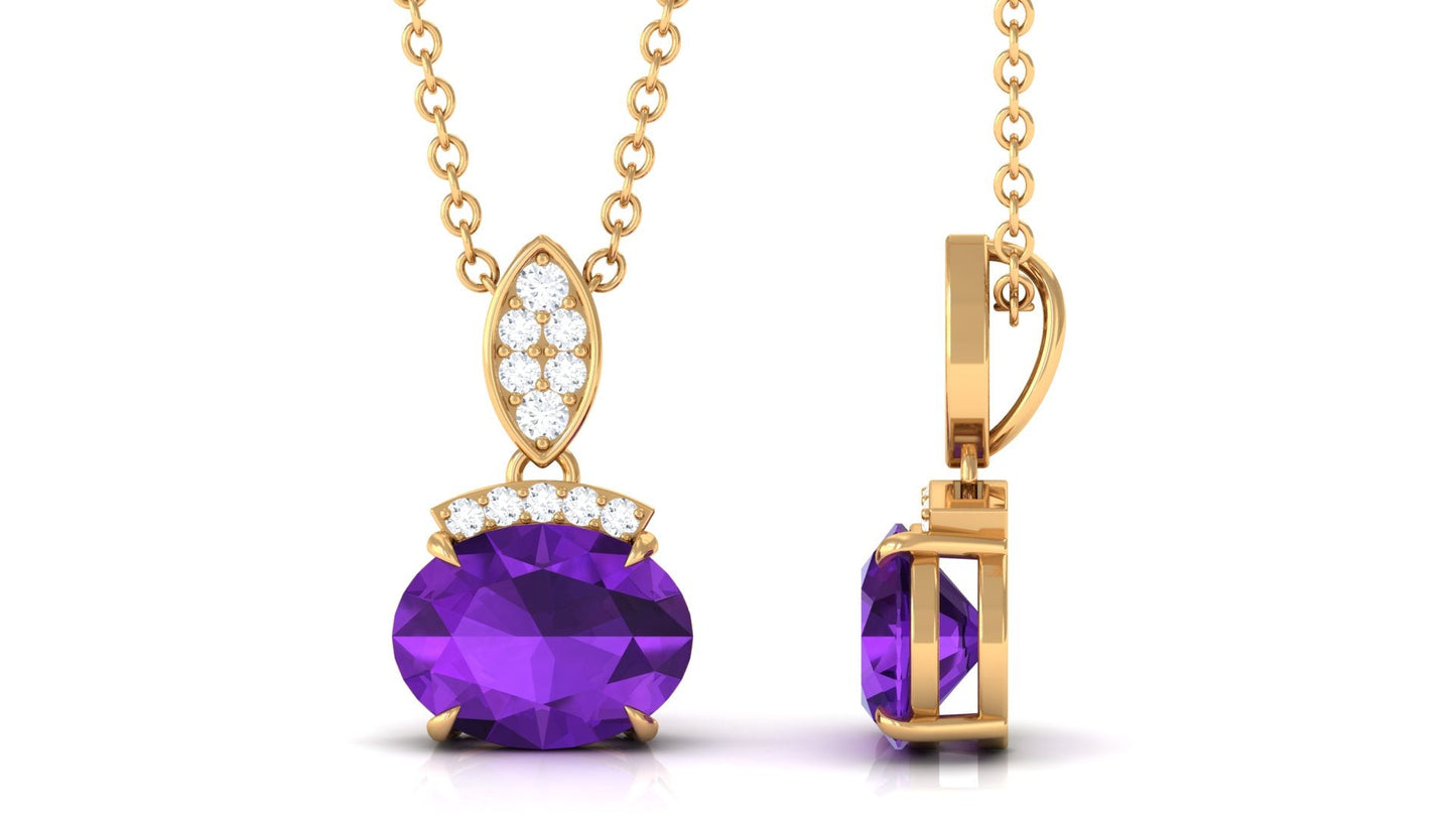 Real 1 Carat Oval Amethyst Diamond Necklace in East West Style
