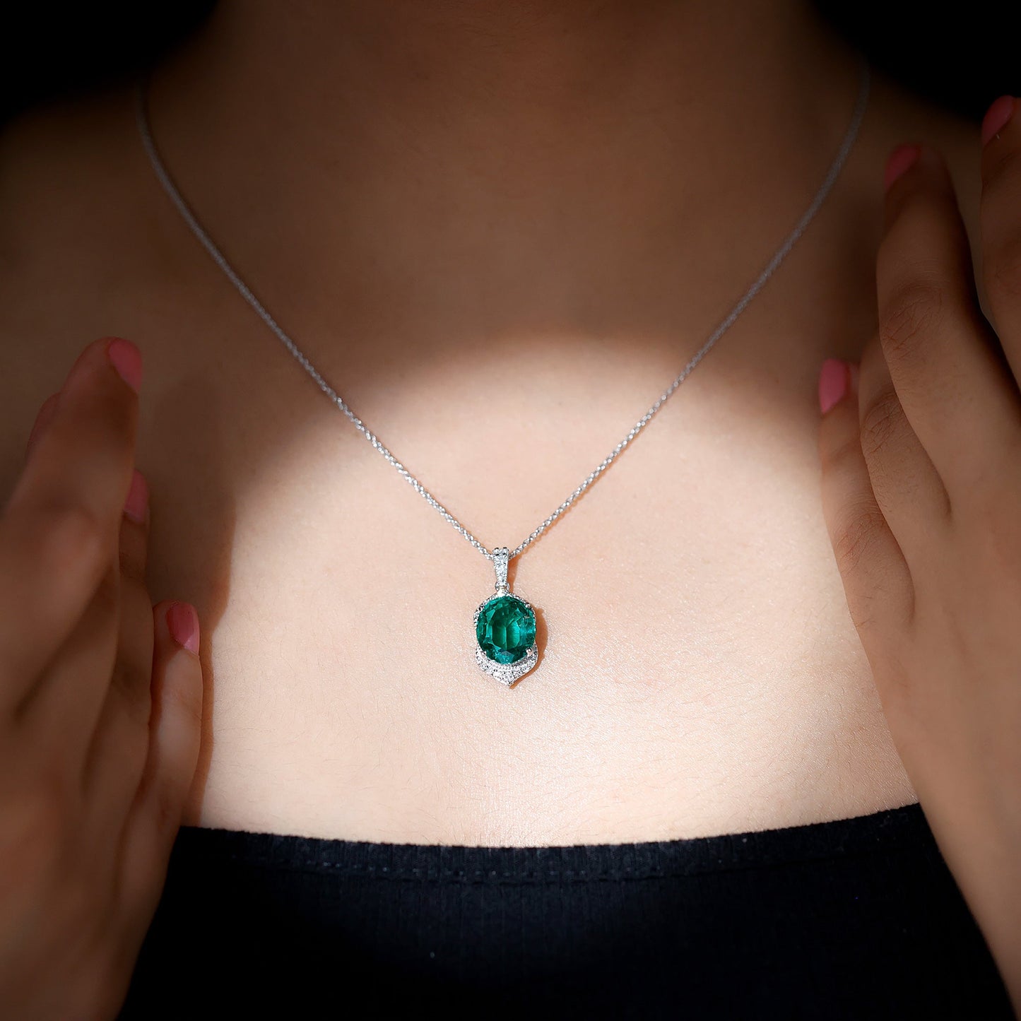Art Deco Style 5 Carat Lab Grown Emerald Pendant Necklace with Diamond