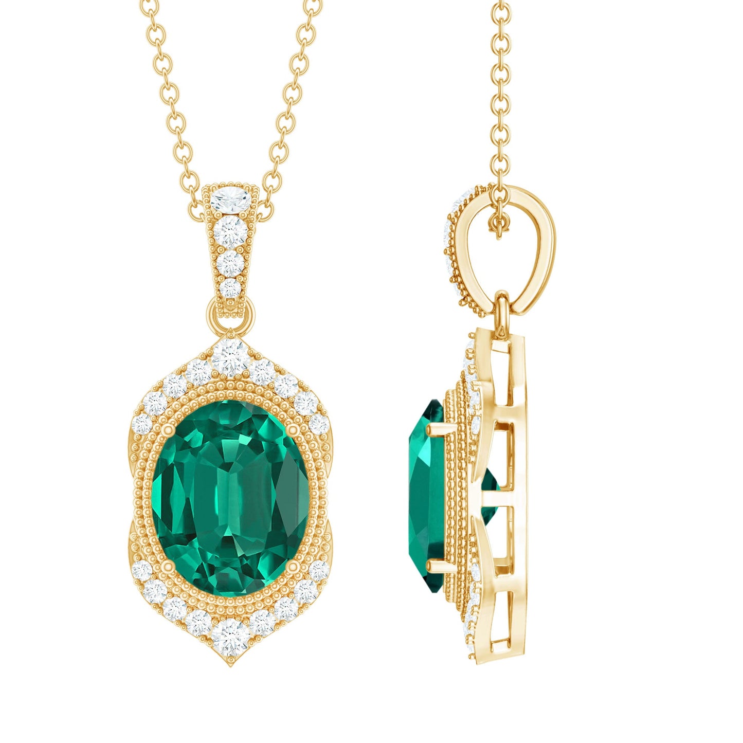 Art Deco Style 5 Carat Lab Grown Emerald Pendant Necklace with Diamond