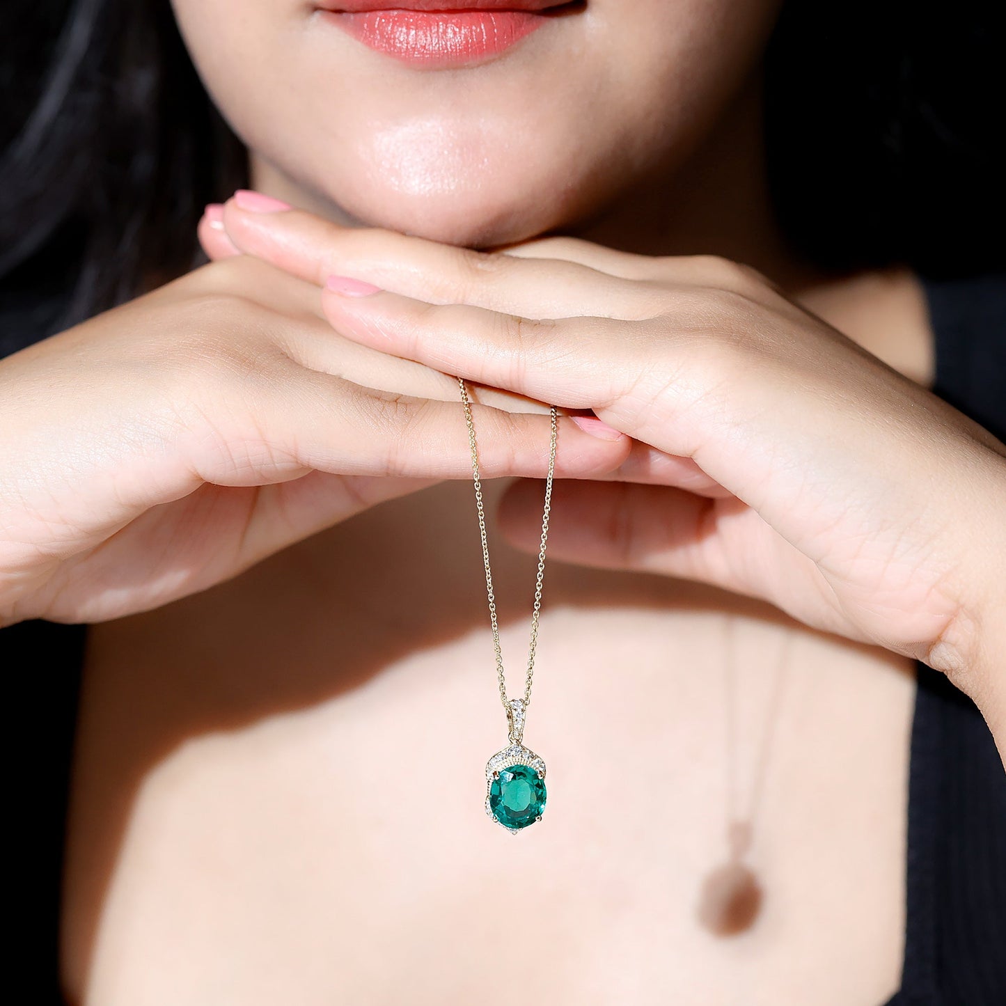 Art Deco Style 5 Carat Lab Grown Emerald Pendant Necklace with Diamond