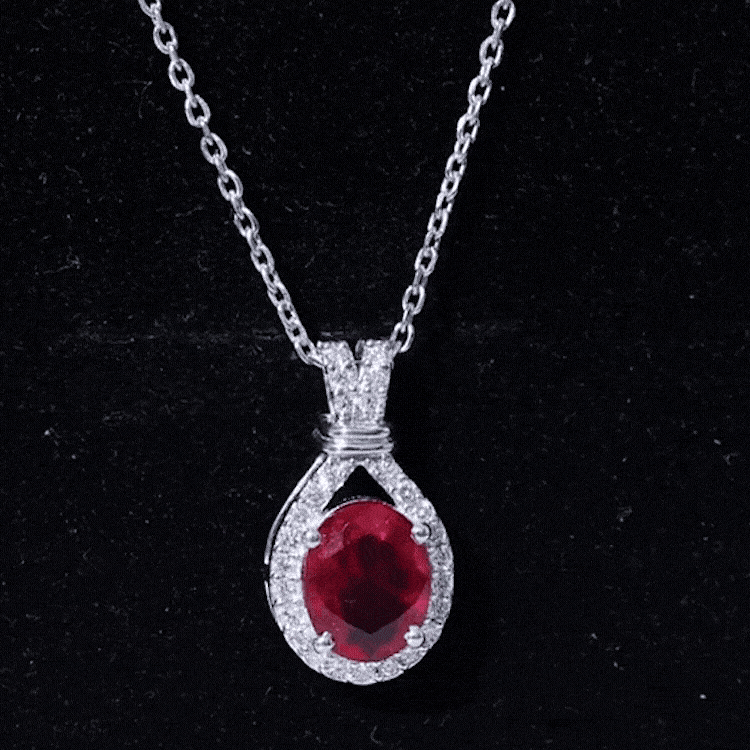 Classic Lab Grown Ruby Drop Pendant Necklace With Diamond Halo