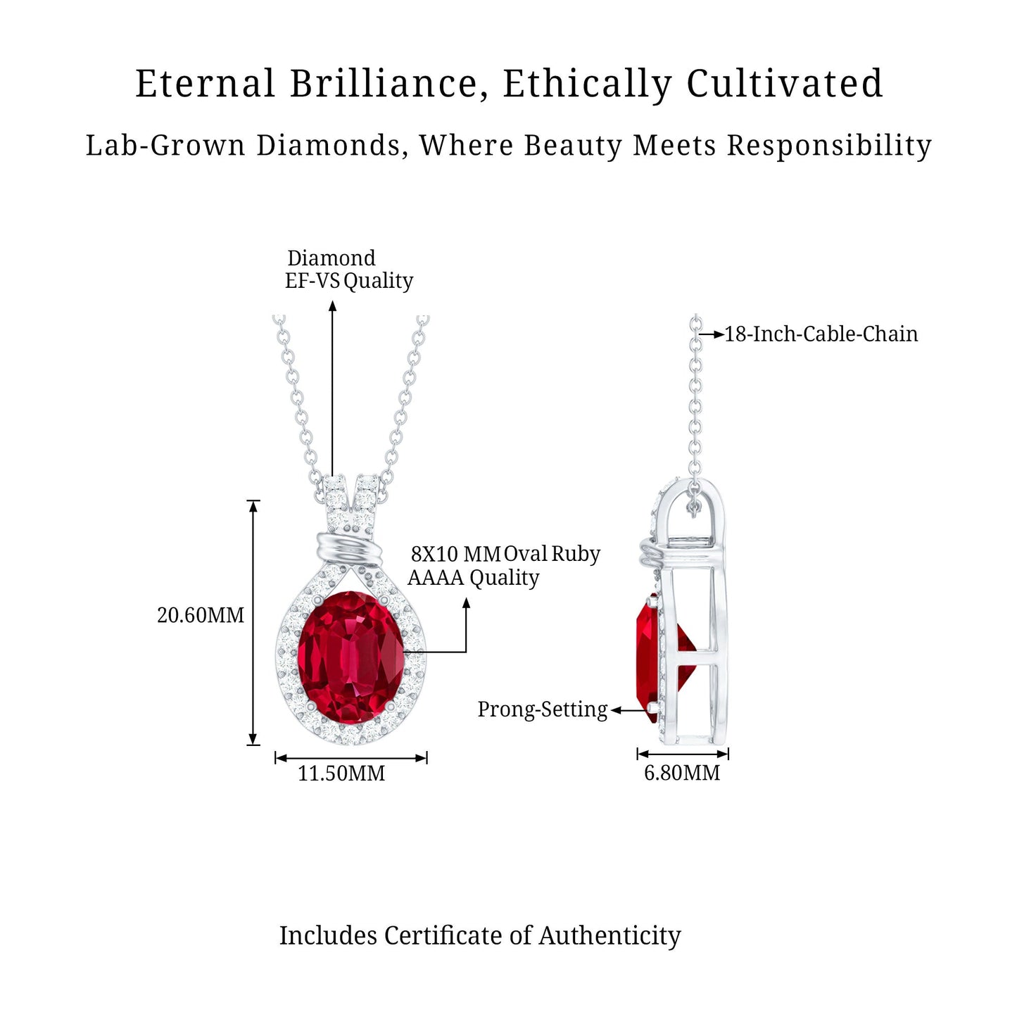 Classic Lab Grown Ruby Drop Pendant Necklace With Diamond Halo