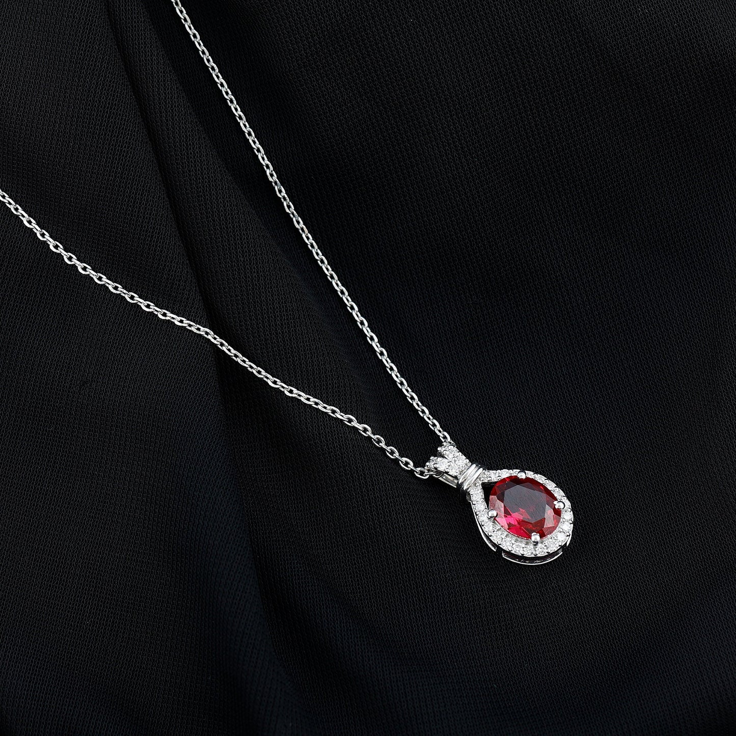 Classic Lab Grown Ruby Drop Pendant Necklace With Diamond Halo