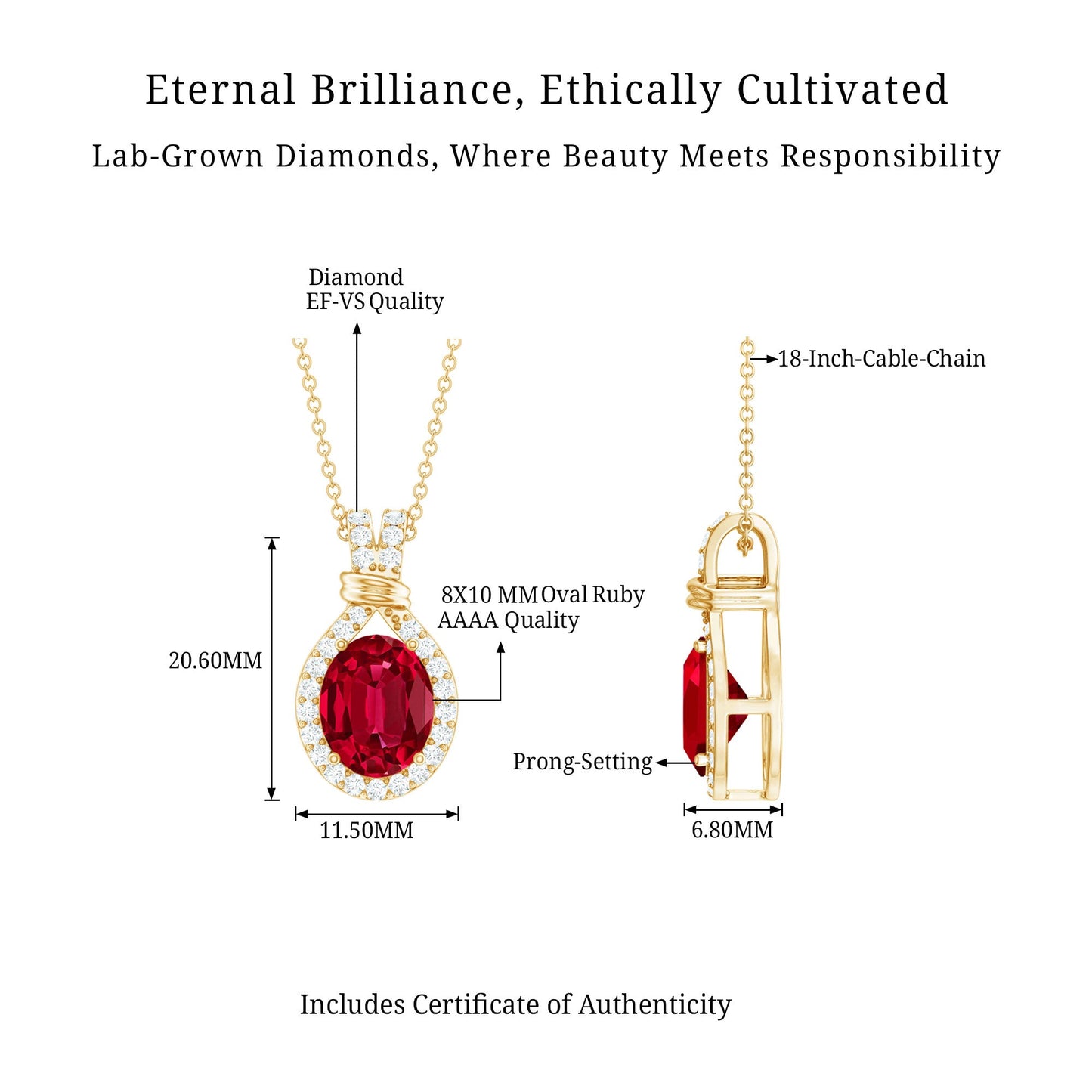 Classic Lab Grown Ruby Drop Pendant Necklace With Diamond Halo