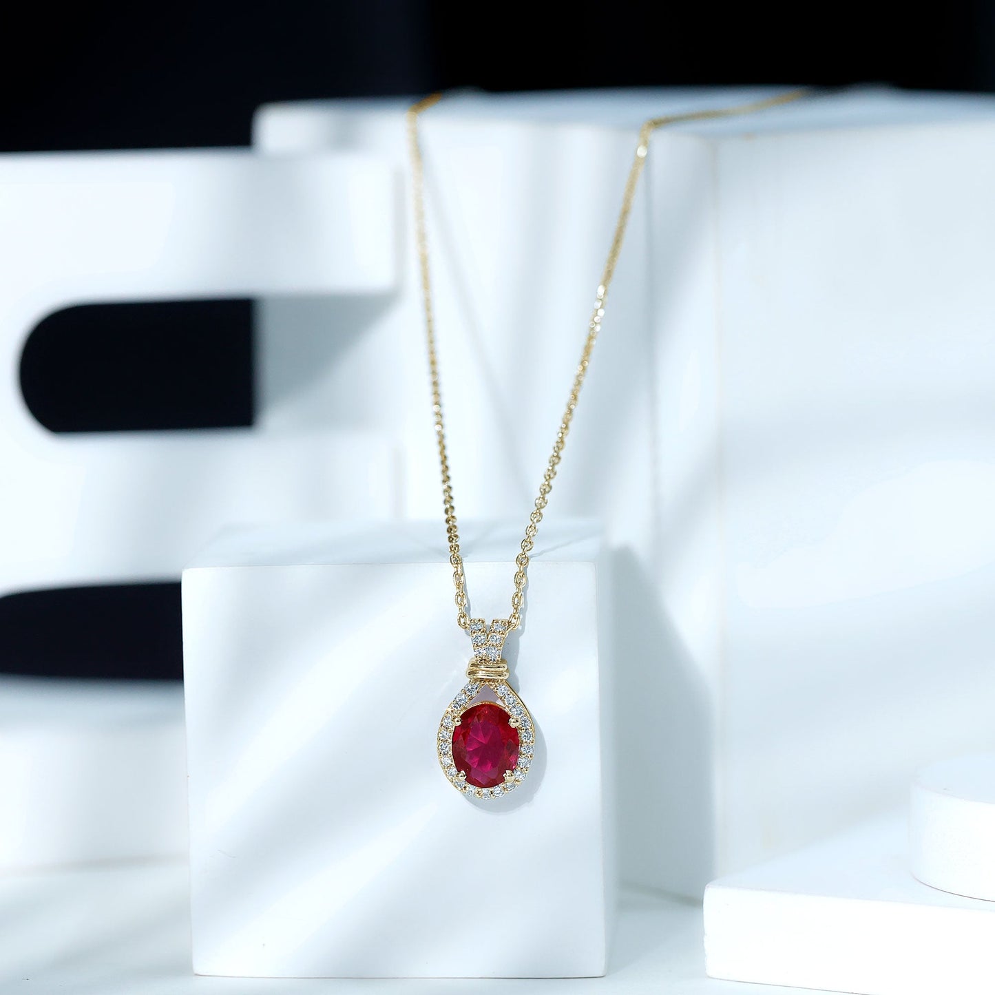 Classic Lab Grown Ruby Drop Pendant Necklace With Diamond Halo