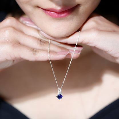 Cushion Cut Lab Grown Blue Sapphire Solitaire Necklace with Diamond