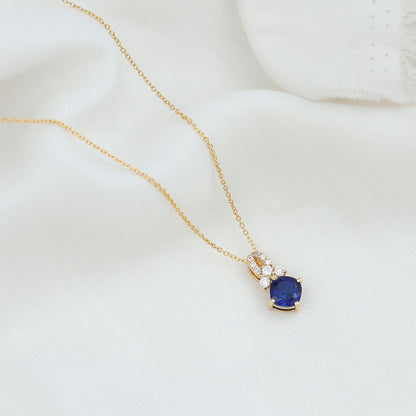 Cushion Cut Lab Grown Blue Sapphire Solitaire Necklace with Diamond