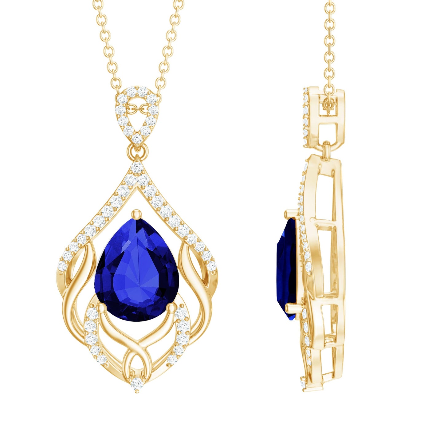 Certified Lab Grown Blue Sapphire Designer Necklace with Diamond Accent