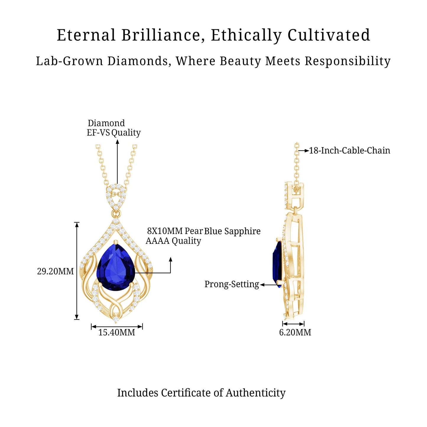Certified Lab Grown Blue Sapphire Designer Necklace with Diamond Accent
