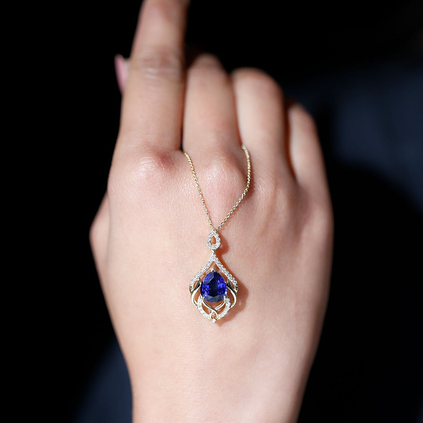 Certified Lab Grown Blue Sapphire Designer Necklace with Diamond Accent