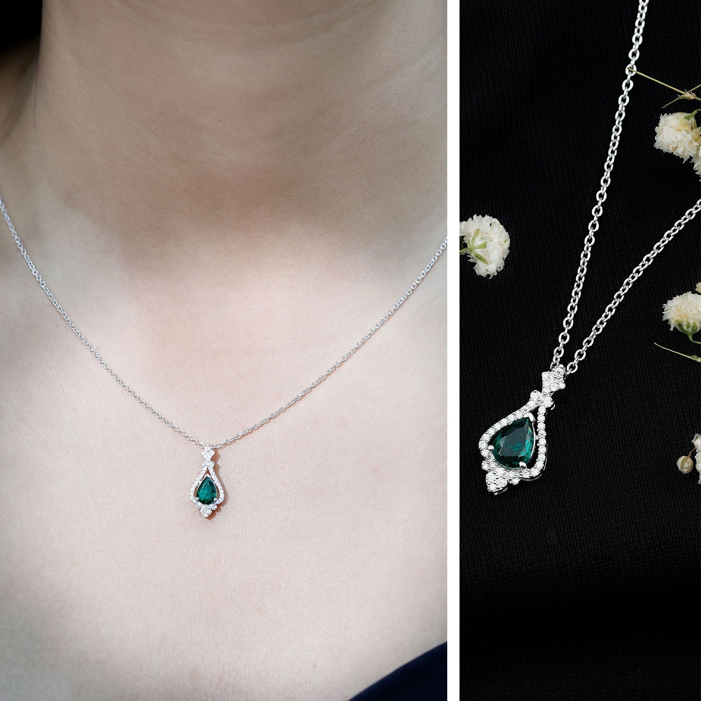 Vintage Inspired Lab Grown Emerald 0.75 Carat Bridal Necklace with Silver Chain